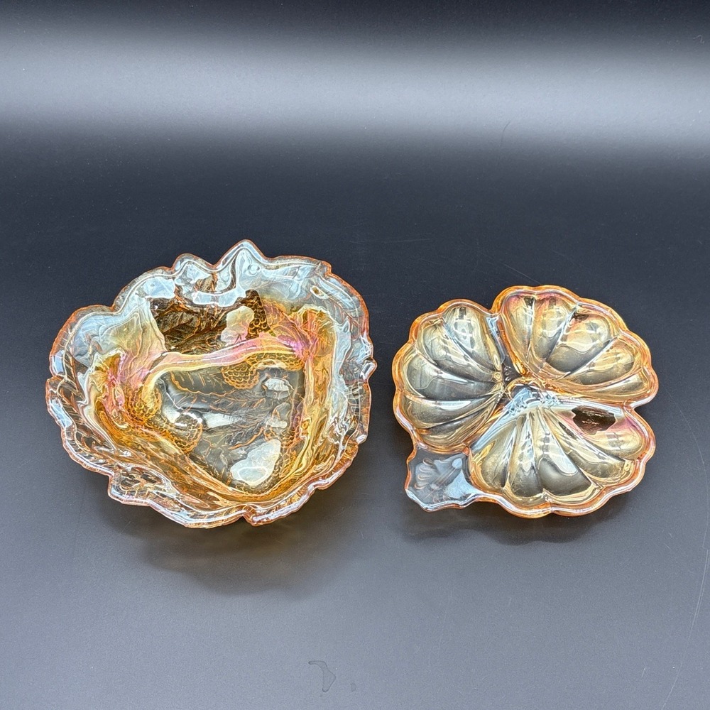 Vintage Marigold Carnival Glass 2pc Set - Strawberry Bowl & Clover Dish
